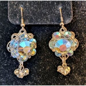 Vintage AB Crystal Three Clear Crystal Dangle Pierced Earrings